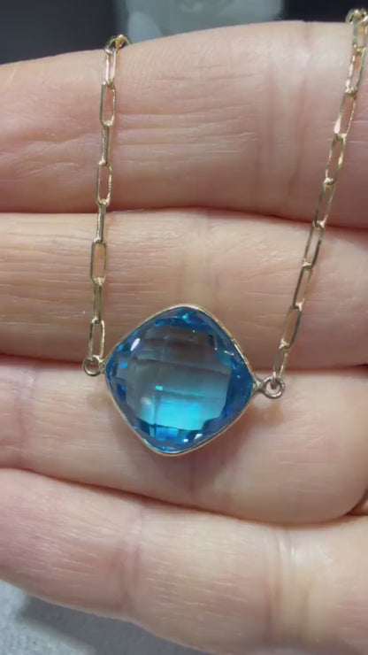 14K Yellow Gold Blue Topaz Necklace: Cushion Cut, Paperclip Chain