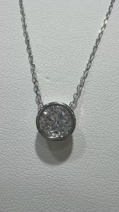 Round Lab Grown Bezel Set Diamond Solitaire Necklace 0.90ct tw.: Sterling Silver Adjustable Length 16”-18.5”