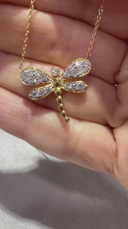 Diamond Dragonfly Pendant Necklace: Yellow Gold Plated Sterling Silver