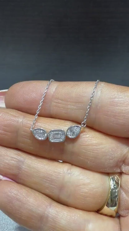 Fancy Shape Bezel Set Diamond Necklace with Emerald Cut and Pear Lab Grown Diamonds 1.52 ct tw.: Sterling Silver Adjustable 16”-18”.