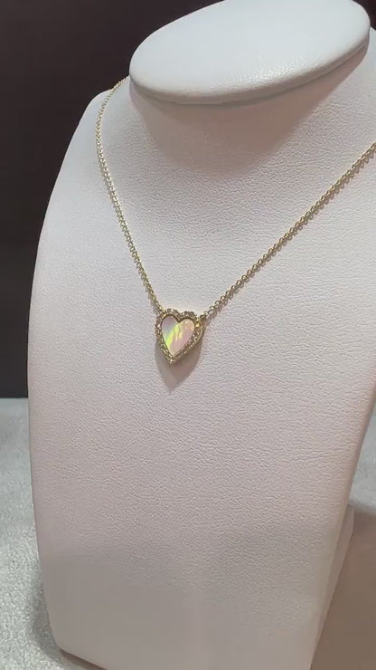 14K Yellow Gold Mother of Pearl Diamond Heart Necklace: Adjustable Length
