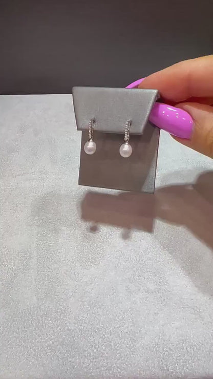 14K White Gold Pearl Drop Earrings: Diamond Bar, Bridal Jewelry