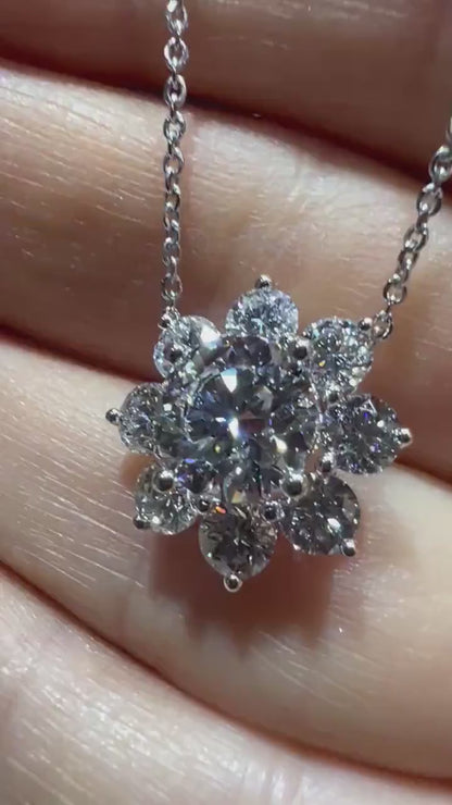 14K White Gold Lab Grown Diamond Flower Pendant Necklace (3.87 Carats VS E/F)
