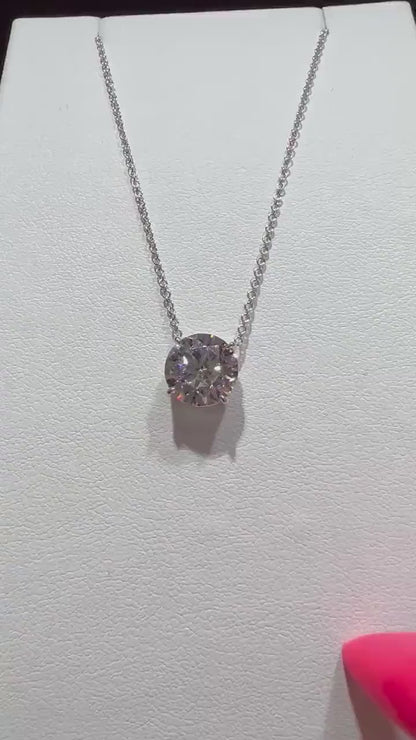 14K Round 3.02 Carat Lab Grown IGI Certified Diamond Solitaire Necklace: Adjustable