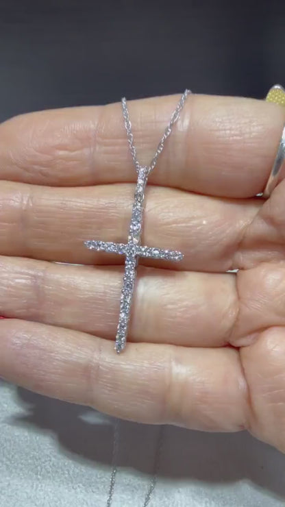 Lab Grown Diamond Cross Necklace 0.75 Carats: Sterling Silver 18”