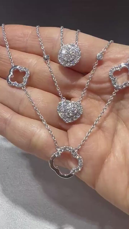 Diamond Multi Layered Charm Necklace 2.81 Carats with Heart, Clover, and Round Diamond Charms: Sterling Silver, Lab Grown Diamonds