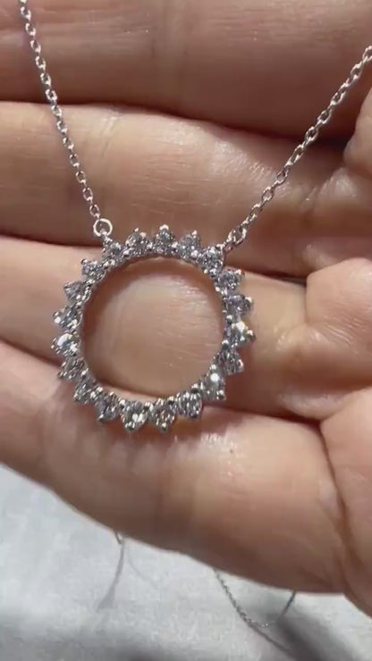Lab Grown Diamond Circle Pendant Necklace: 1.64 Carat Sterling Silver