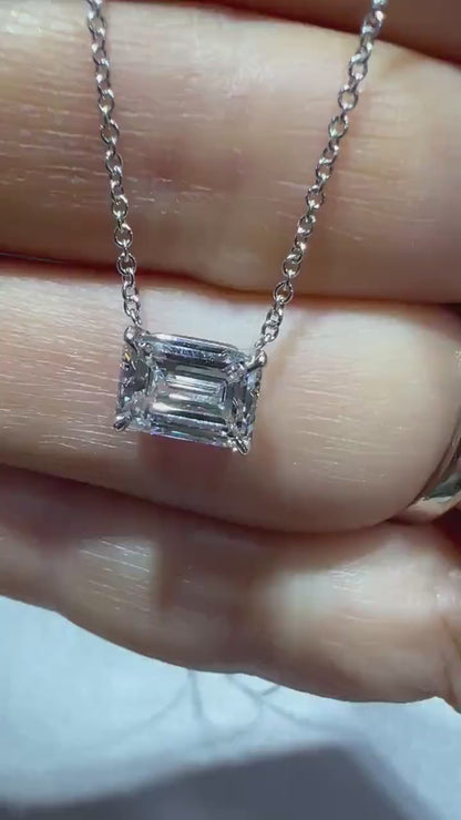 14K Emerald Cut 2.00 Carat Lab Grown IGI Certified Diamond Solitaire Necklace: Adjustable