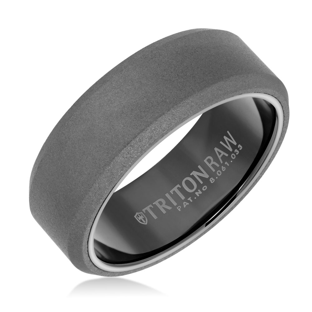 8MM Tungsten Raw Ring - Sanblasted With Black Inside Shine and Flat Edge.